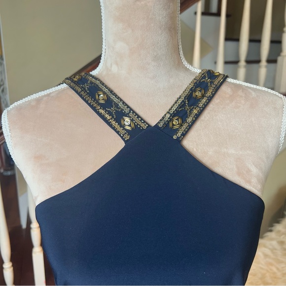 Betsy Adams Navy Gold Grecian Gown - Picture 13 of 16